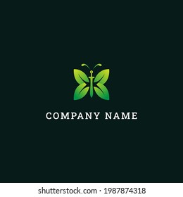 logo green butterfly sword, simple leaf icon with butterfly.