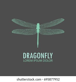 Logo - green dragonfly. Vector logo template profile of a dragonfly. Object isolated on gray background. Vector design editable layout