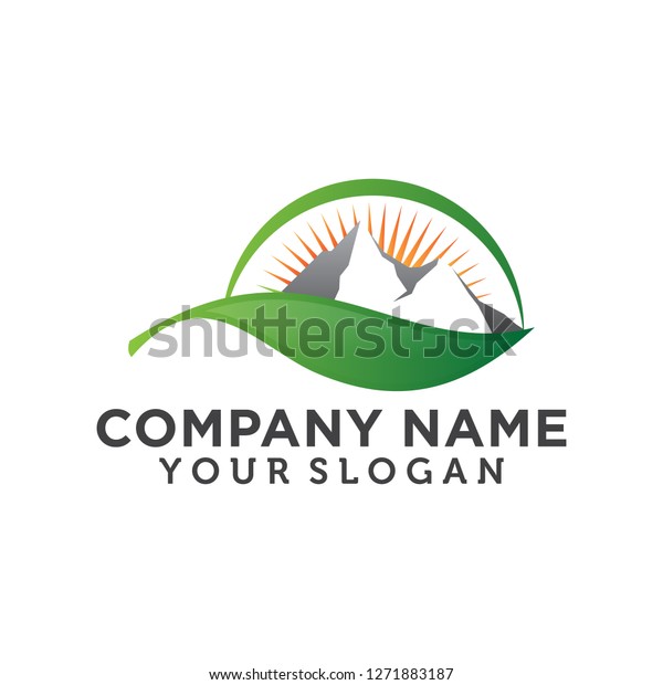 Logo of green leaf ecology nature element with\
mountain and sun vector\
icon.