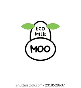 Logo with green leaf for farm milk, cow, udder emblem, organic eco milk