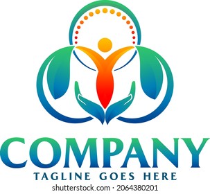 Logotipo con hoja verde y con la mano levantada como símbolo de cuidado realmente bueno para tu naturaleza Icono de la compañía de salud de bienestar