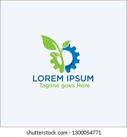 Logo green leaf and subtly shape of lab flask in negative space, Nature leaf and gear vector logo for environment industrial - Vector 
