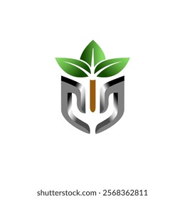 The logo with green leaves, brown stems and gray elements resembles a hand. Symbolizes nature, growth, and protection. Suitable for environmental, agricultural or sustainability businesses.