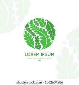 Logo with green leaves in a circle shape. Vector template with organic elements. Can be used for emblem and monogram. Great for invitation, menu, background or any desired idea.