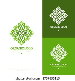 Logo with green leaves. Vector template with organic elements. Can be used for emblem and monogram. Great for invitation, menu, background or any desired idea.