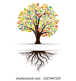 Logo of a green life tree with roots and leaves. Vector illustration icon isolated on white background.