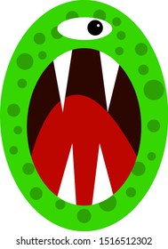 logo green monster with sharp fangs and a big mouth. halloween concept object for design on a white background