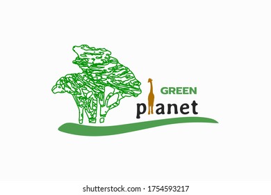 Logo, green planet concept template, eco green tree symbol. Vector illustration