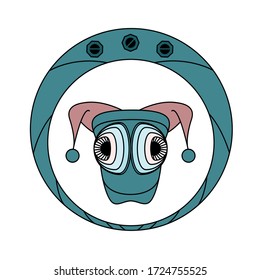 logo with green robot clown in steampunk style. vector