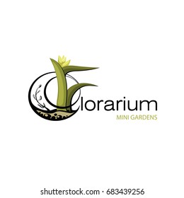 Logo green Terrarium. Logo geometric florarium with succulents. Mini garden in jar. Vector illustration isolated on white.