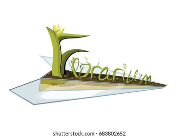 Logo green Terrarium. Logo geometric florarium with succulents. Succulents in the form of a word florarium in a glass origami plane.  Mini garden. Vector illustration isolated on white.