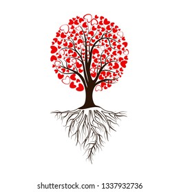 Logo of a green tree with roots and leaves. Vector illustration icon isolated on white background.