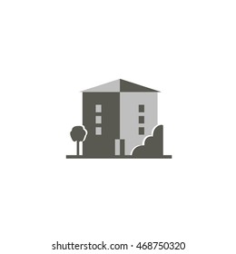 logo grey building with Windows and a tree