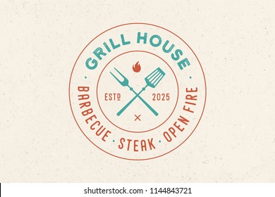 Logo for Grill House restaurant with grill fork, text typographic Grill House, Barbecue, Steak, Open Fire. Graphic template logo, label, logotype, brand for restaurant, bar, menu. Illustration