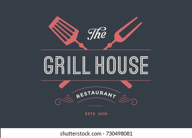 Logo of Grill House restaurant with grill fork, text Grill House, Restaurant. Graphic template for meat business - restaurant, bar, cafe, food court, design - menu, poster, label. Vector Illustration