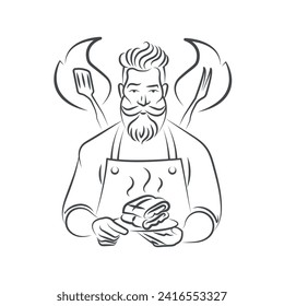 Logo. Grill master. Fried ribs. Vector illustration.
