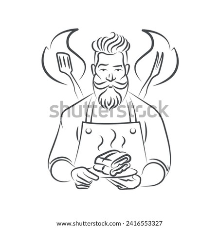 Logo. Grill master. Fried ribs. Vector illustration.