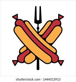 Logo of Grill restaurant with grill fork and hot dogs.  Graphic template for meat business - restaurant, bar, cafe, food court, design - menu, poster, label. Vector Illustration