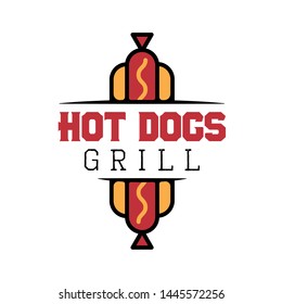 Logo of Grill restaurant with hot dogs.  Graphic template for meat business - restaurant, bar, cafe, food court, design - menu, poster, label. Vector Illustration