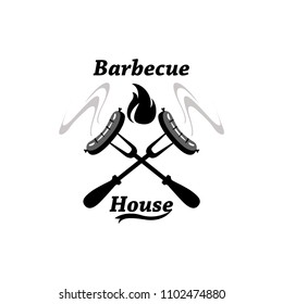 Logo grilled food: Barbecue with flames and two sausages. Isolated on white background