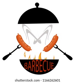 Logo grilled food: Barbecue with flames.  Fried sausages with smoke