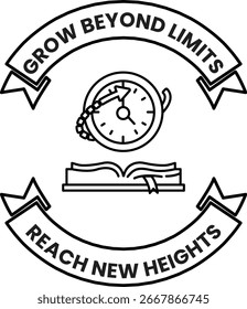 Un logo para Grow Beyond Limits. Cuenta con un reloj y un libro abierto. El logo es blanco y negro