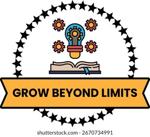 A logo for Grow Beyond Limits. The logo features a light bulb with gears surrounding it. The logo is black and white and has a circular shape