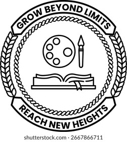 Logotipo de Grow Beyond Limits Alcanza Nuevas alturas. El logotipo presenta un libro, un pincel y una paleta. El logo es blanco y negro y tiene una cinta alrededor