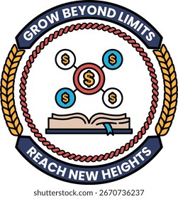 Um logotipo para Crescer Além dos Limites Atingir Novos Limites. O logotipo apresenta um livro com um cifrão nele