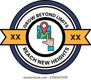 Um logotipo para Crescer Além dos Limites Atingir Novos Limites. O logotipo apresenta uma mão apontando para um mapa, simbolizando a ideia de alcançar novas alturas