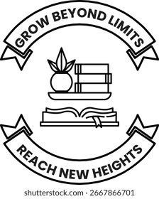 Um logotipo para Crescer Além dos Limites que diz "Alcance Novos Limites". O logotipo apresenta um livro e um vaso