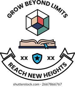 Logo de Grow Beyond Limits que dice "Alcanza alturas Nuevas". El logotipo presenta un cubo y un libro abierto