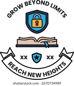 Logo de Grow Beyond Limits que incluye un libro, una llave y un escudo. El logotipo es blanco y negro y tiene una cinta con las palabras "alcanzar nuevas alturas" escritas en él
