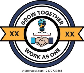 A logo for Grow Together Work as One. The logo features a handshake between two people, with a light bulb in the middle. The logo is black and white and has a ribbon around it