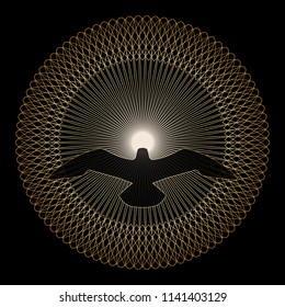 Logo in guilloche style. Emblem or medal design of bird on a black background