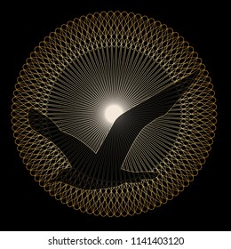 Logo in guilloche style. Emblem or medaldesign of  on a black background bird