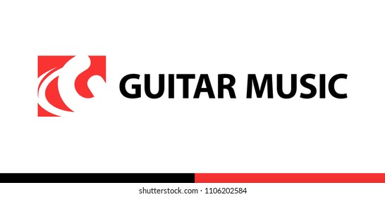 Logo for Guitar shop, school, music studio. Red vector emblem for Music company.