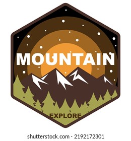 logo gunung berwarna coklat didalam segi enam dan tulisan explore