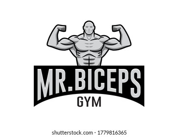 Logo for a gym, consisting of a typeface with the words "Mr. Biceps", and the icon of a muscle man raising both arms to show biceps; grayscale. Vector illustration, graphic design, corporate identity.