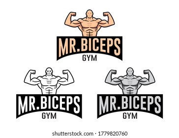 Logo for a gym, consisting of a typeface with the words "Mr. Biceps", and the icon of a muscle man raising both arms to show biceps. Three versions: color, white and black, and grayscale.