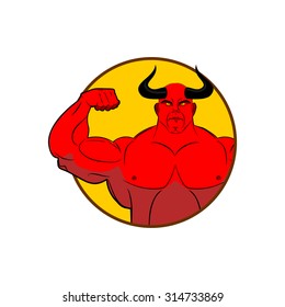 Logo for gym. Satan bodybuilder shows biceps. Emblem for sports teams. Horned red Demon with large muscles. Vector illustration of  devil.
