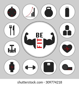 Logo for gym and set of icons, each has round double frame