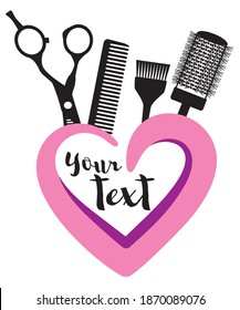 Logo for hair salon with scissors and comb with heart. Vector Illustration.