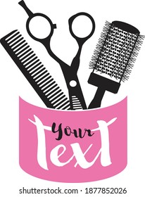 Logo for hair salon with scissors and comb. Vector Illustration.