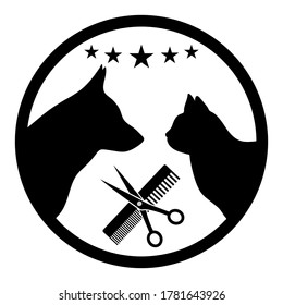 the logo of the hairdresser for animals. silhouette of dogs and cats in a circle on a white background
