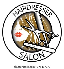 Logo for hairdresser salon. Into the circle female visage with long hair and hairdresser's tools. Hairbrush, comb and scissors.