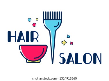 Logo for hairdresser. Tools for the master in the beauty salon. Brush for painting hair. Vector flat icons in linear style on white background.