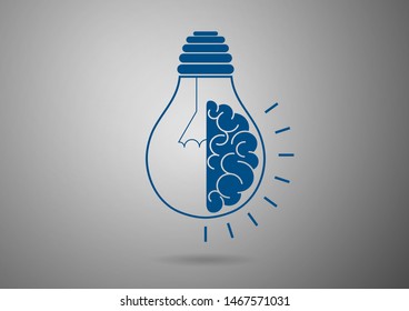 Logo with half light bulb and brain isolated on gray background. Symbol of creativity, concept of idea, mind, thinking. Vector illustration for your design.