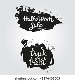 Logo "Halloween sale" and "Trick or treat" with zombies and pumpkin