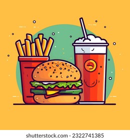 Logo - hamburger, cola and fries on a yellow background.